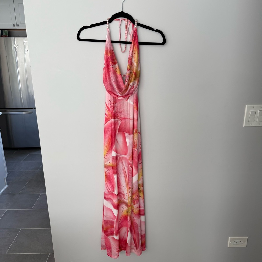 Pink Floral Halter Open Back Dress